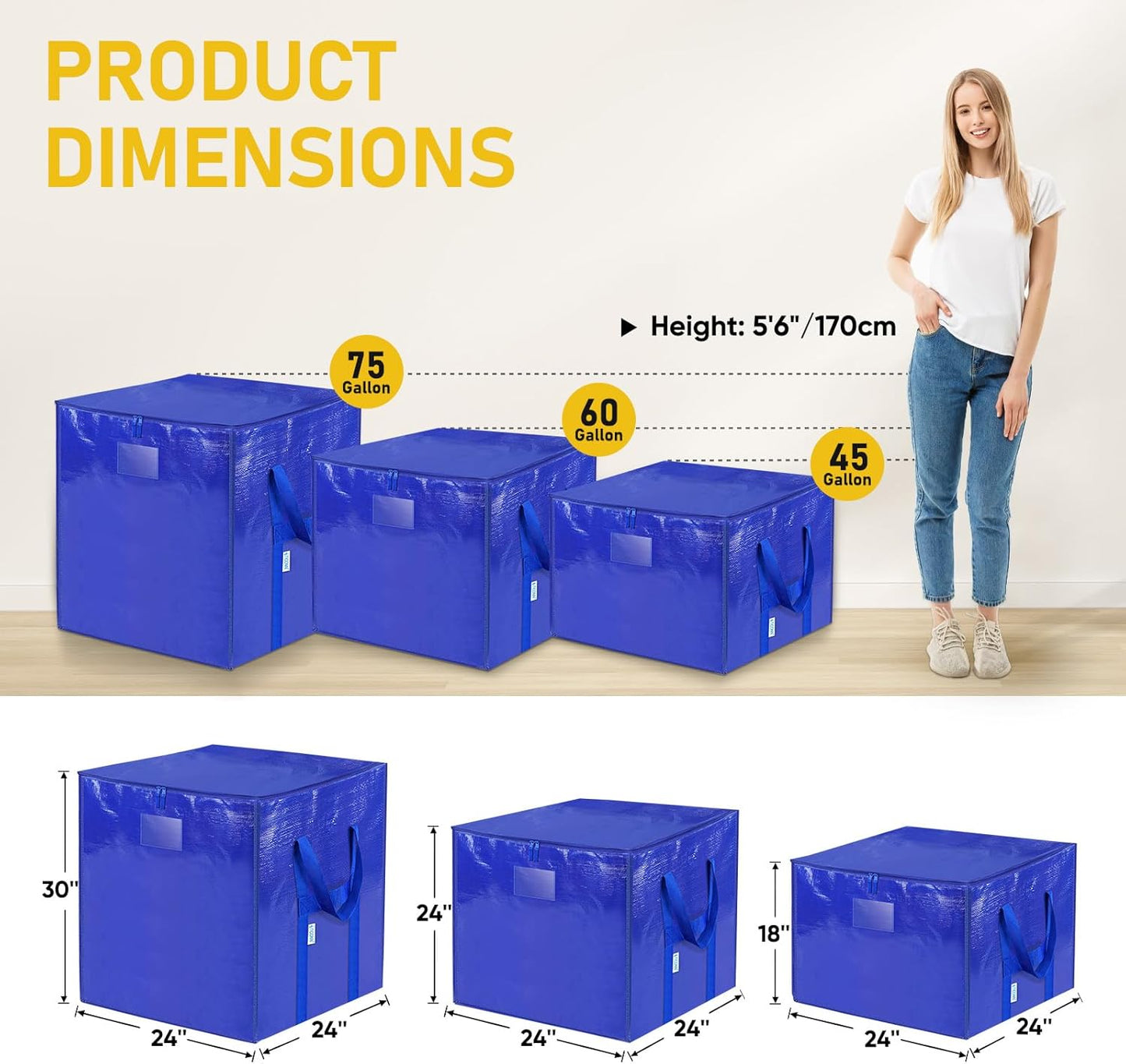 TICONN Extra Large Moving Bags - Heavy-Duty Storage Totes with Zippers & Handles | 75 Gallon (4 Pack)