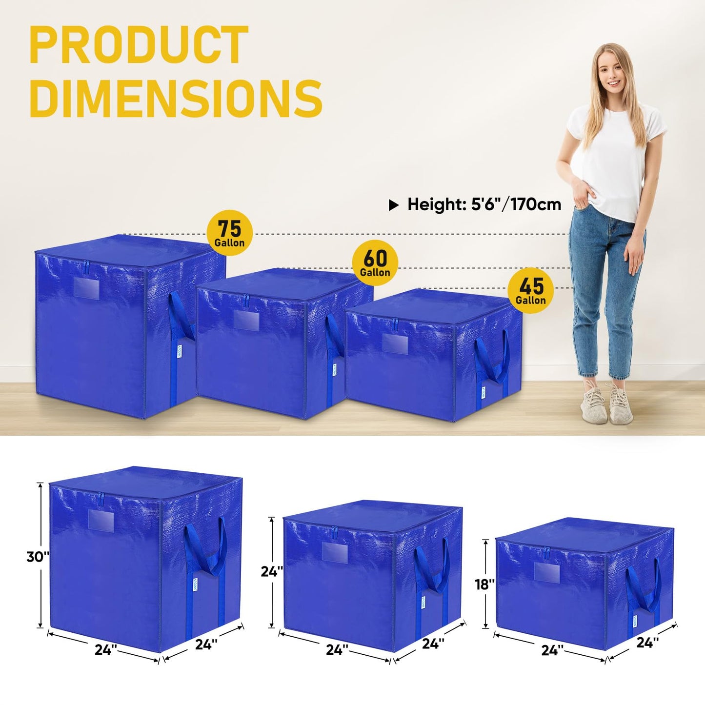 TICONN 4 Pack Extra Large Moving Bags with Zippers & Carrying Handles, Heavy-Duty Storage Tote Moving Boxes for Space Saving (4 PK, 75 Gallon)