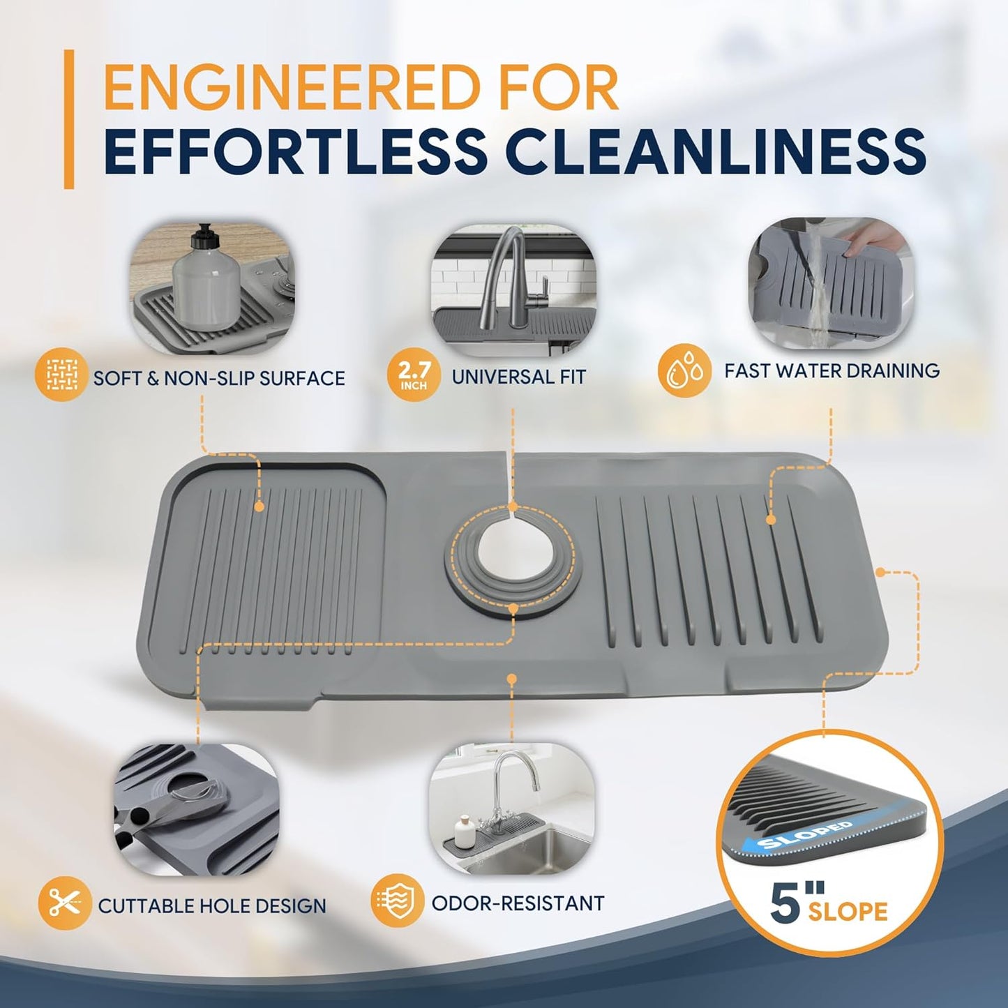 Skiennix 14.6” Silicone Faucet Mat - Kitchen Sink Splash Guard in Gray for Effective Water Control