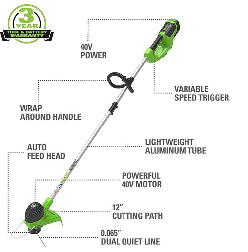 Greenworks 40V Cordless String Trimmer - 12" Dual Line, Auto Feed, Variable Speed, Lightweight, 3-Year Warranty