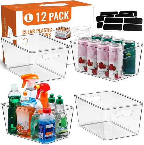 Clear Storage Bins - 12 Pack Large Plastic Organizers with Handles & Labels for Home, Kitchen, Bathroom