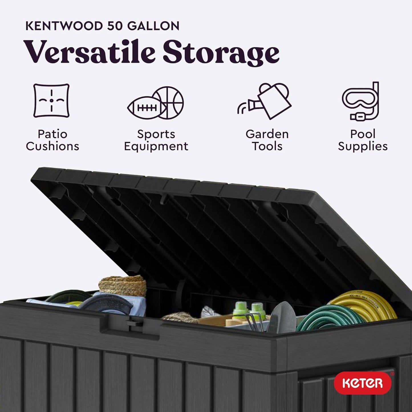 Keter Kentwood 50 Gallon Resin Deck Box - Stylish Storage for Patio Cushions & Garden Tools | Dark Grey