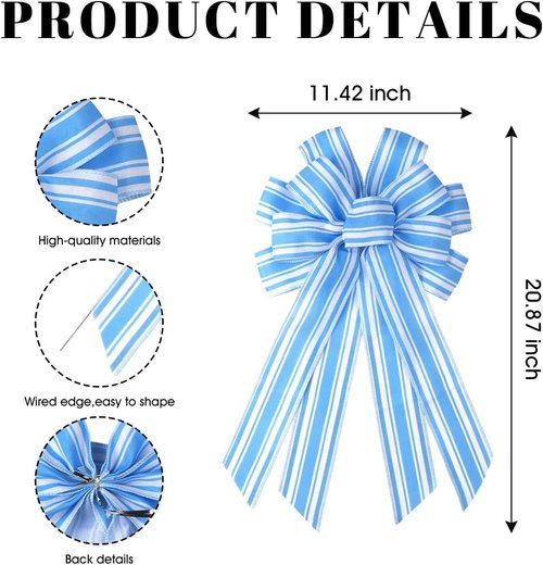 Blue White Striped Wreath Bow - Large 20x11 Inch Premade Baby Shower Decor for Front Door