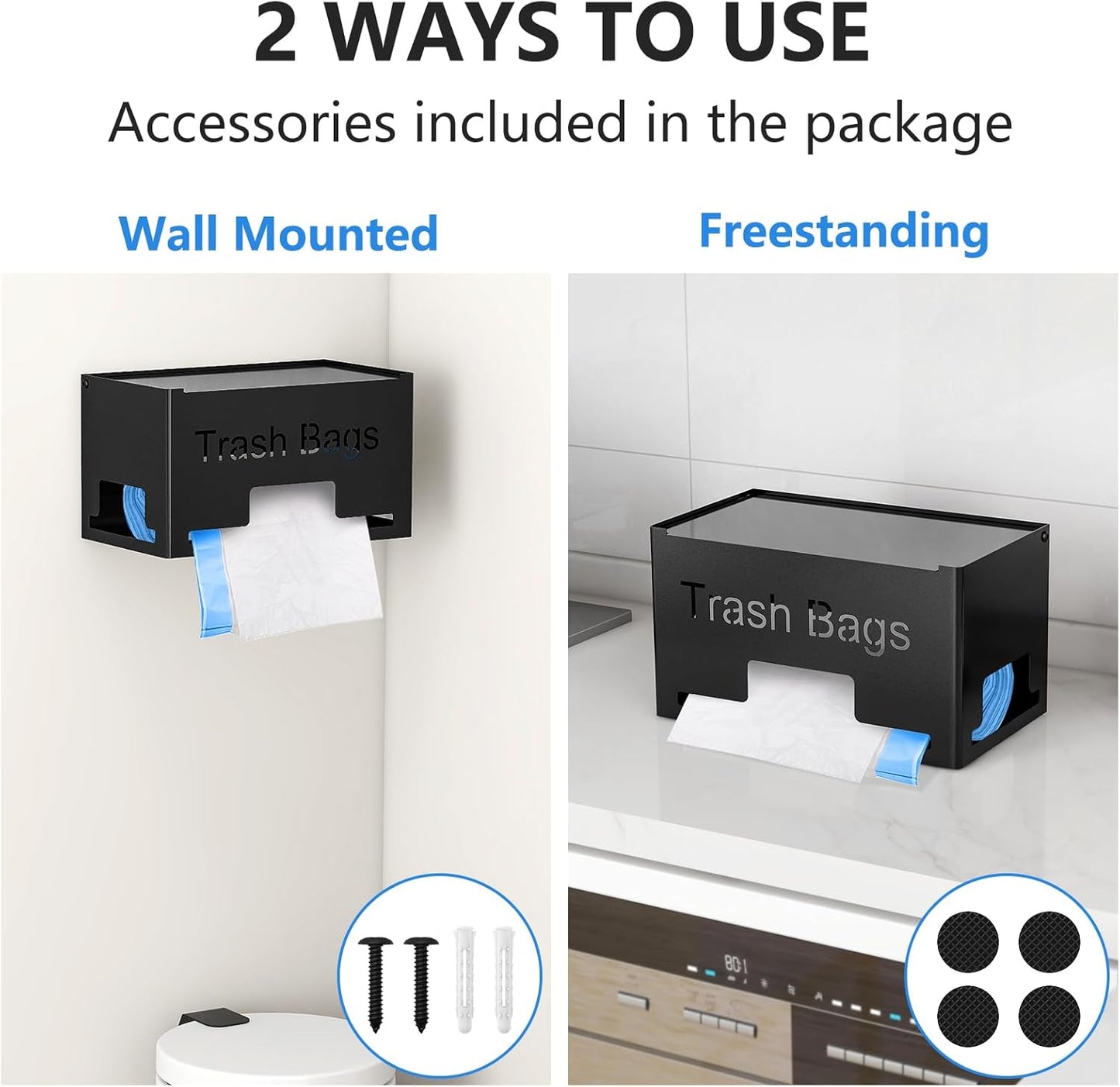 STWWO Large Trash Bag Holder Dispenser - Metal Kitchen Organizer for Under Sink | Wall Mounted or Freestanding, Black