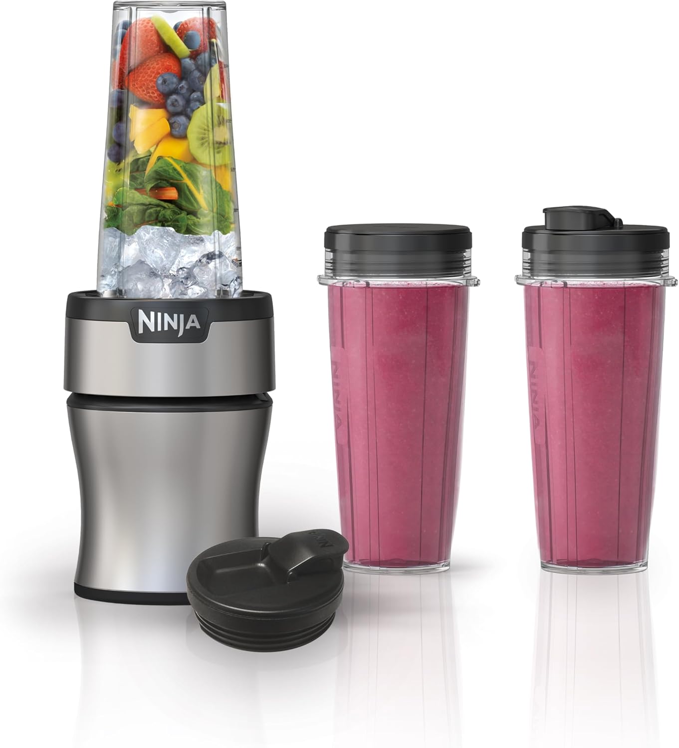 Ninja Nutri-Plus Personal Blender - Compact Push-To-Blend for Smoothies & Sauces | 3 To-Go Cups & Lids | 900W | Silver