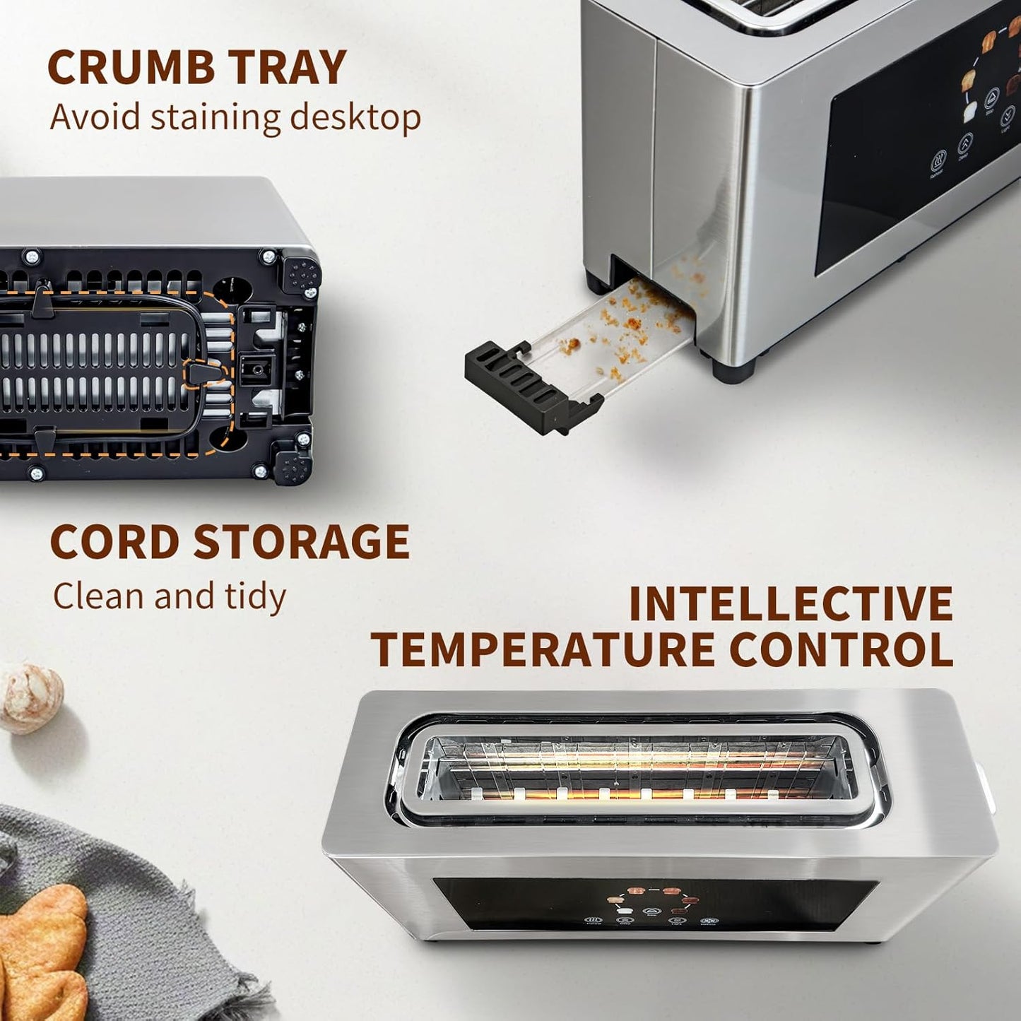 Touch Screen Toaster - LCD Display, 2 Slice Design with 10" Long Slot for Baguettes & 6 Browning Levels