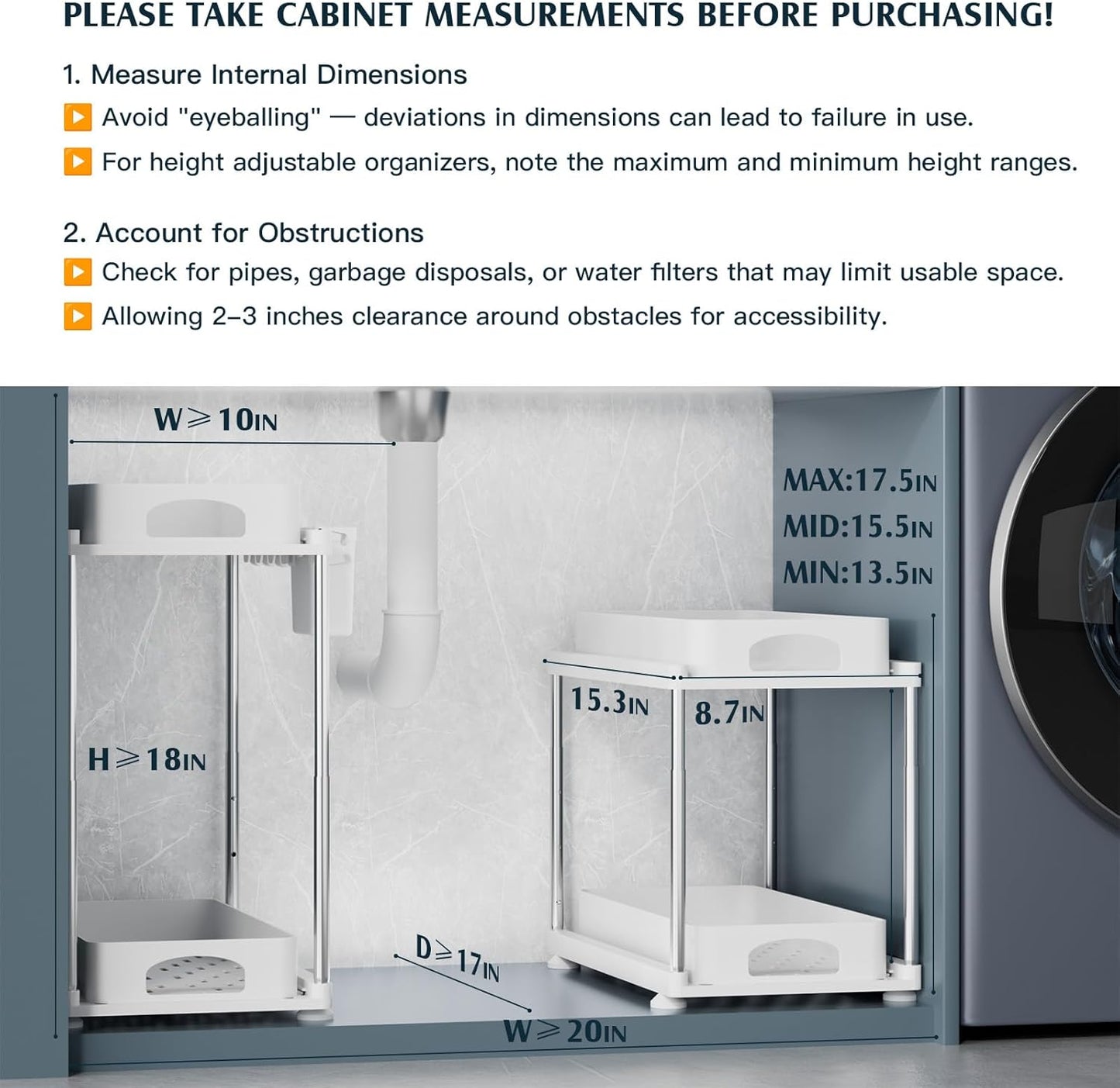 VERIFOST Under Sink Organizers - 2 Pack Adjustable Sliding Cabinet Storage | White 2-Tier Design