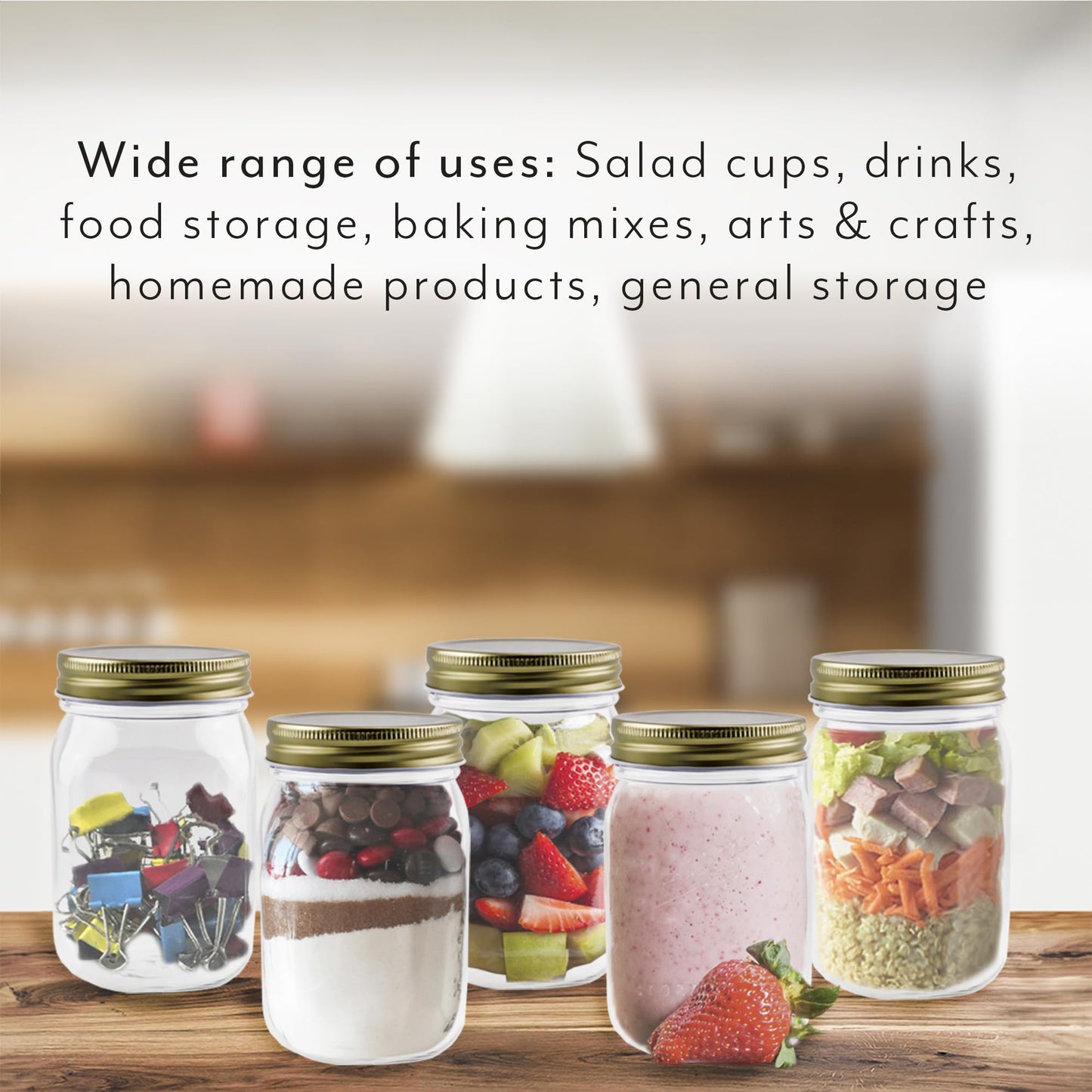 Cornucopia Brands 16oz Clear Plastic Mason Jars (8-Pack, Gold Metal Lids); PET BPA-Free Mason Style w/One Piece Lids, 2-Cup/Pint Capacity