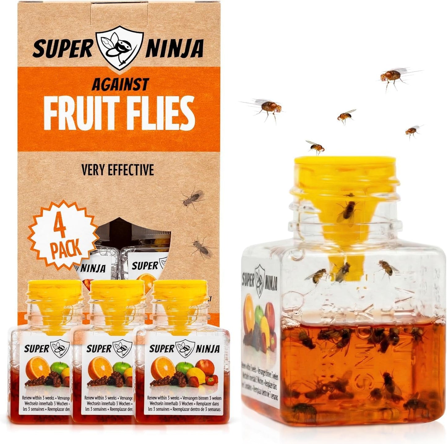 Super Ninja Fruit Fly Traps - Highly Effective Indoor Fruit Fly Catcher | 4 Pack, Kid & Pet Friendly