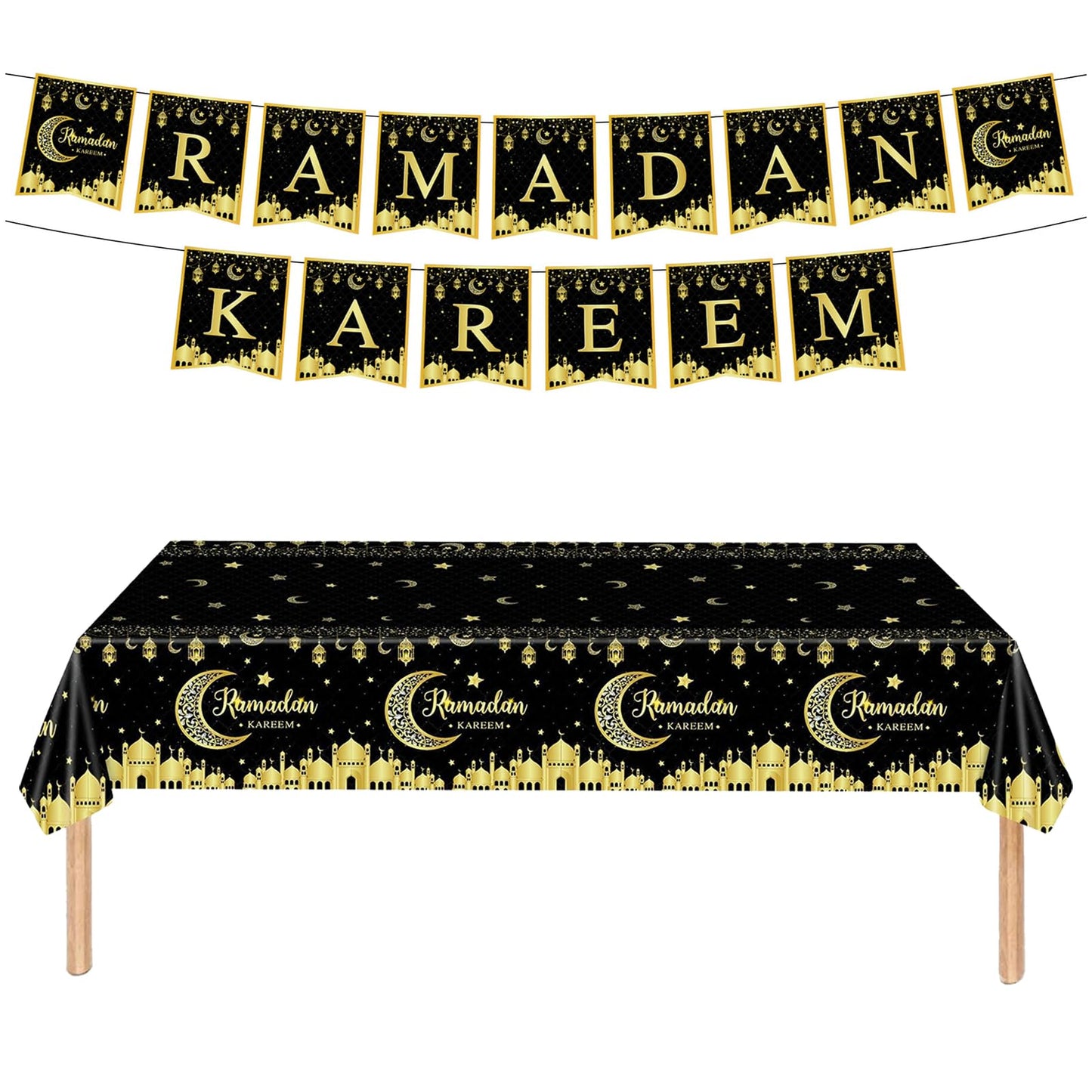 Qpout 3 Pack Ramadan Decorations Ramadan Table Cloth, Black and Gold Ramadan Kareem Table Cover, 54×108 Inch Ramadan Tablecloth, Ramadan Mubarak Table Decorations Eid Decorations, Plastic Disposable
