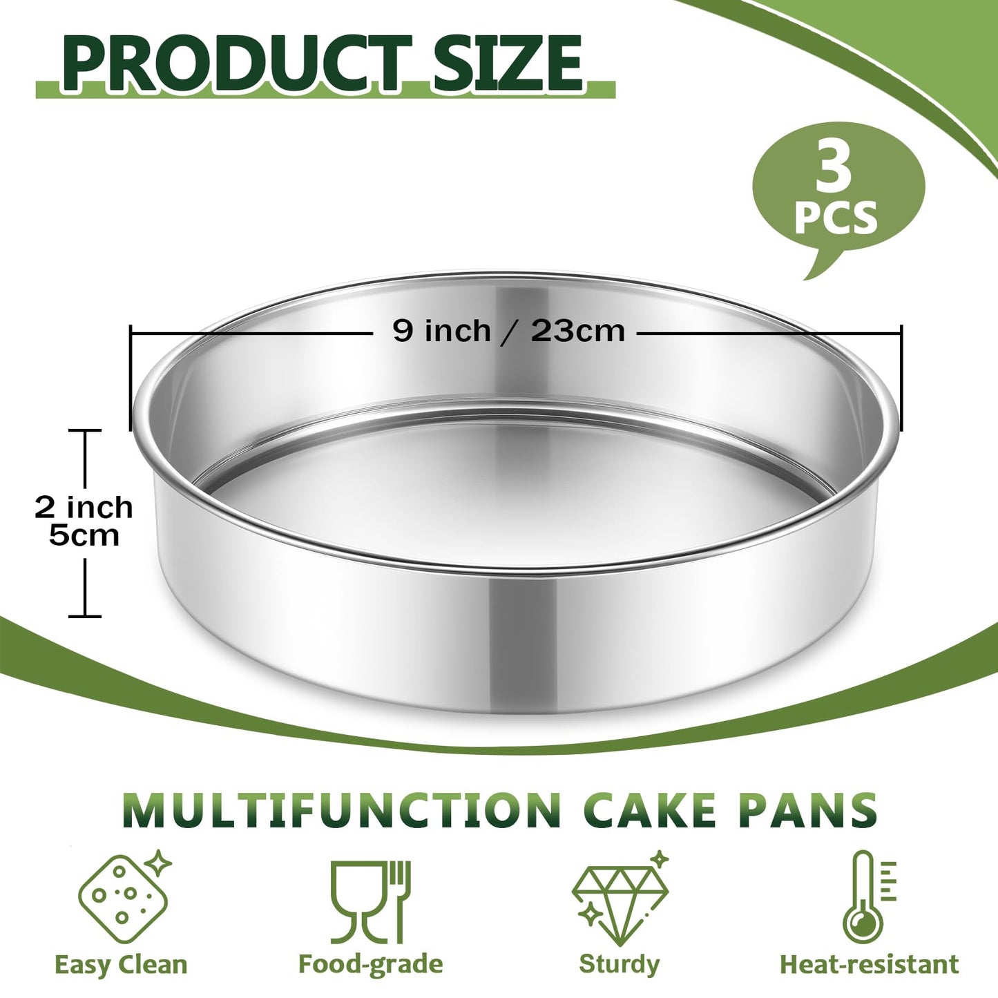 P&P CHEF 9 Inch Cake Pan Set of 3, 3 Pieces Round Layer Cake Baking Pans, Stainless Steel Smash Cake Tin Bakeware for Cooking Steaming, Nontoxic & Sturdy, Oven & Dishwasher Safe