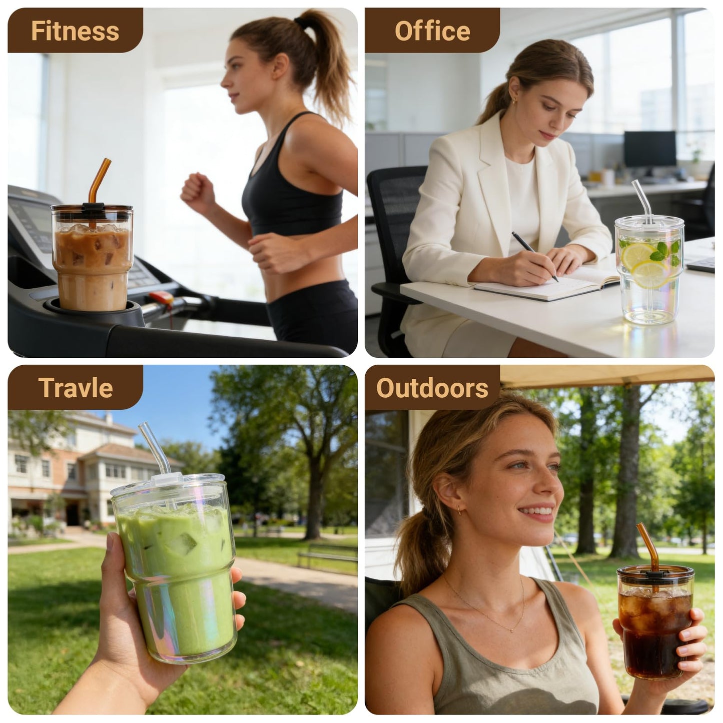 Luxfuel 16 oz Glass Tumbler with Lid & Straw, Reusable Iced Coffee Cup & Smoothie Cup, Leak-Proof Borosilicate Glass for Coffee, Iced Tea, Water – 2 Pack, Ideal for Office, Home & Travel, Amber