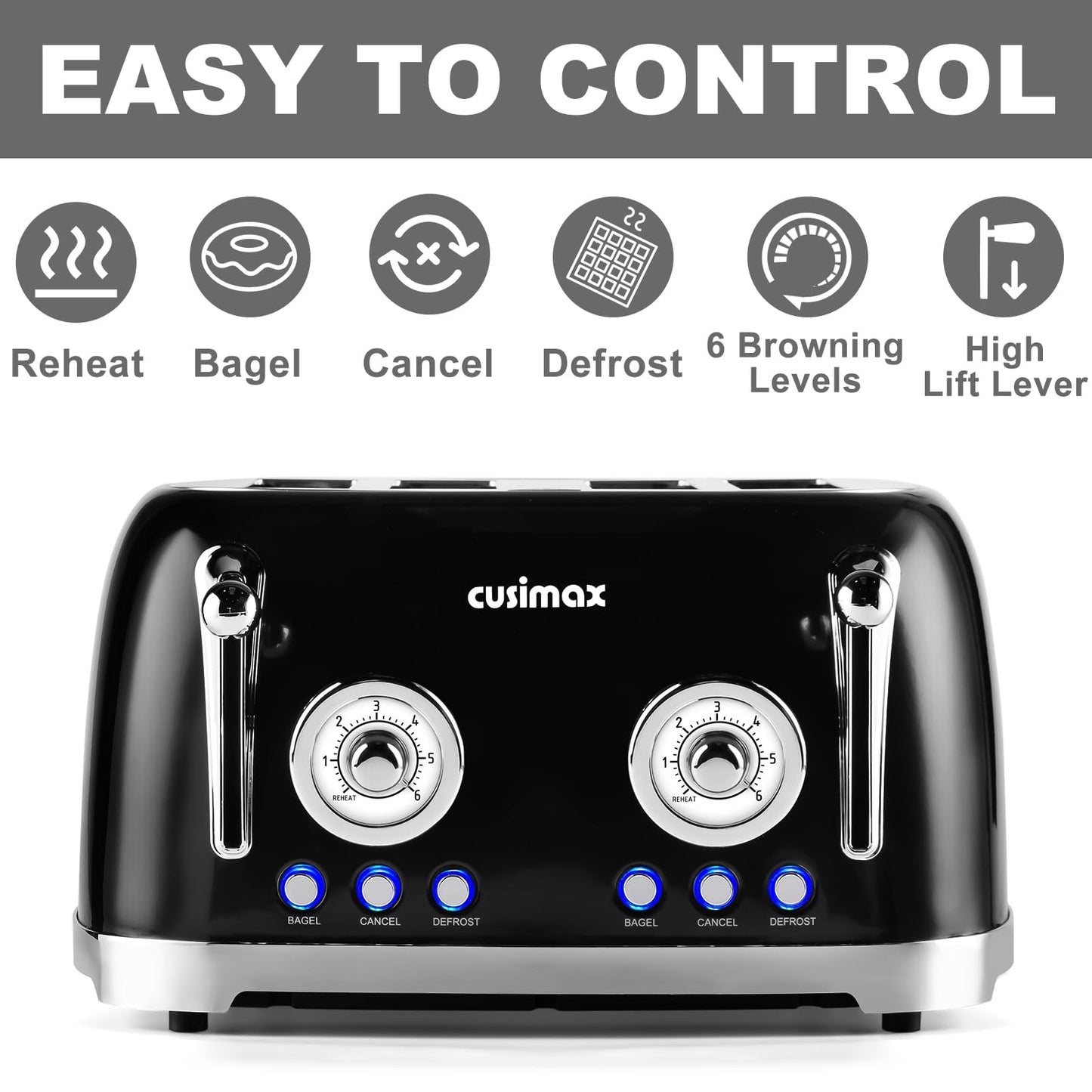 CUSIMAX Toaster 4 Slice, Retro Toaster with Wide Slots for Bagels, Stainless Steel with 6 Toast Settings, Bagel, Cancel, Defrost & Reheat Functions, Dual Independent Control Panels, Black
