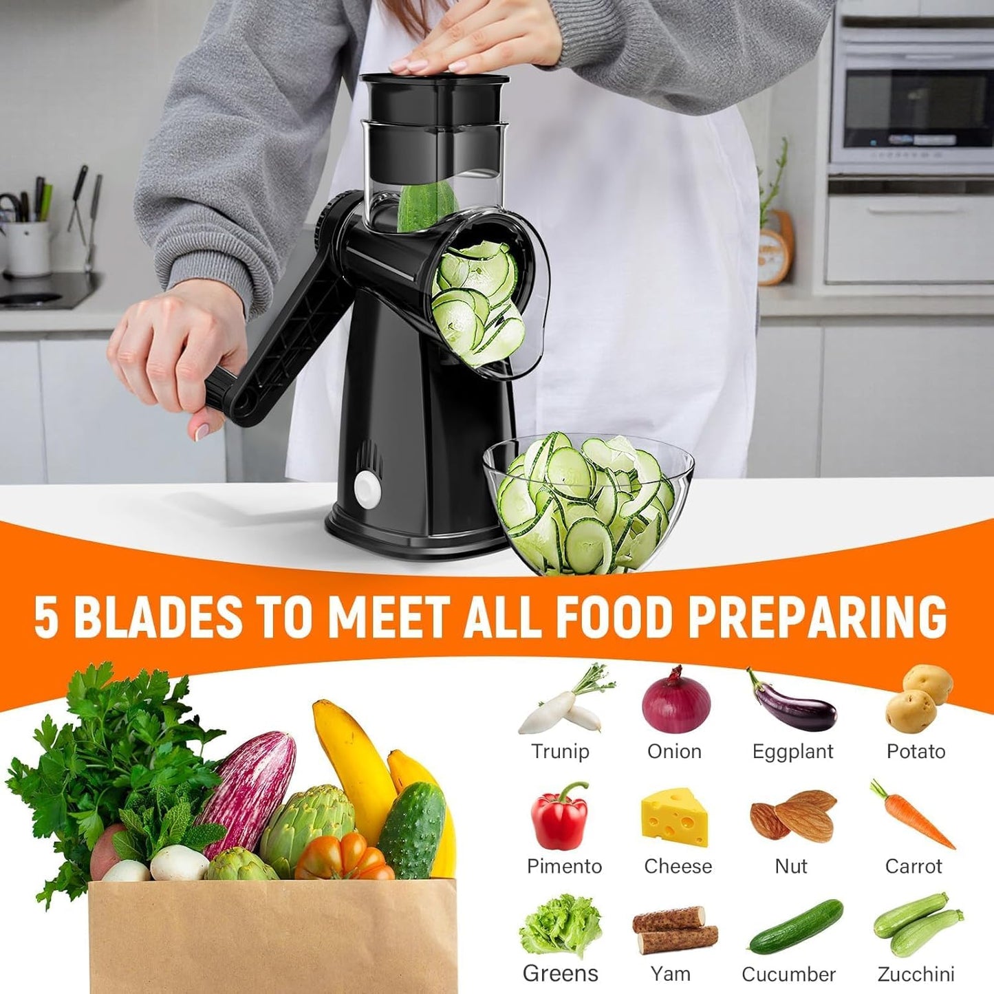 Skiennix 5-Blade Rotary Cheese Grater - Hand Crank Vegetable Chopper & Slicer with Suction Base (Black)