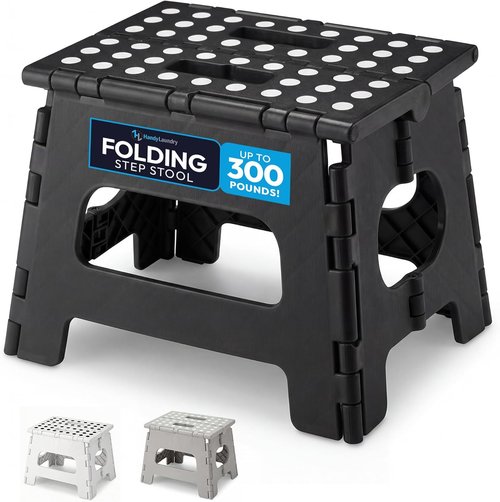 Handy Laundry Folding Step Stool - Lightweight & Sturdy for Adults and Kids - Easy One Flip Open - Black | 8 Inch