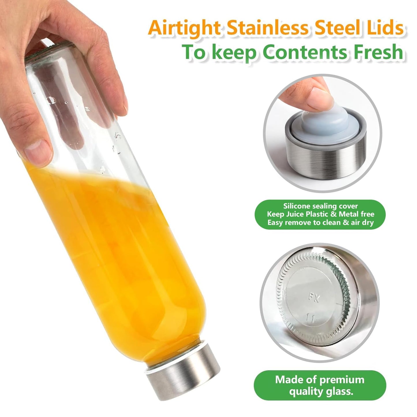 Zukro Glass Juice Bottles with Lids for Juicing 18 oz, Reusable Clear Glass Water Bottles with Stainless Steel Airtight Cap for Refrigerator, 100% Leak Proof Drinking Jar, BPA Free, Set of 6