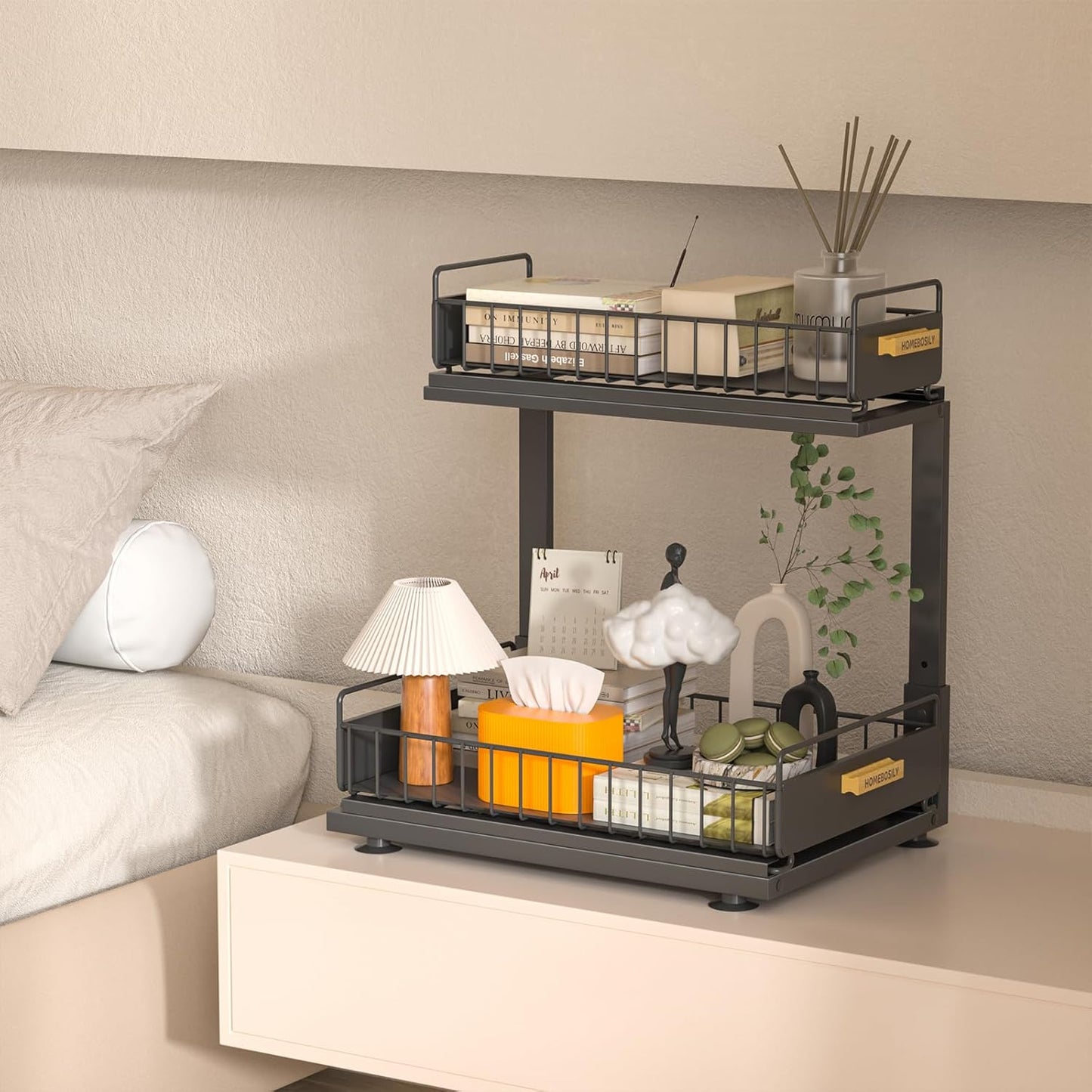Skiennix Under Sink Organizer - 2 Tier Pull-Out Metal Shelf for Kitchen & Bathroom Storage | Black
