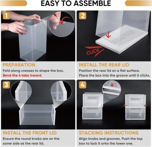 BALEINE Stackable Shoe Storage Boxes - 12 Pack Thickened Clear Plastic Organizer | Fits Size 11, X-Large Black