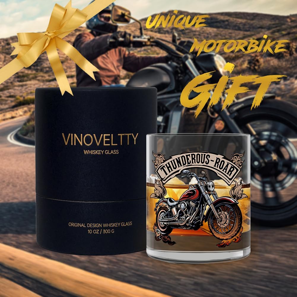 Vinoveltty Motorcycle Whiskey Glass, Motorbike Birthday Gifts for Men Dad Biker, Fathers Day Christmas Gift for Dad Brother Husband, Whiskey Tumbler(300 ML)