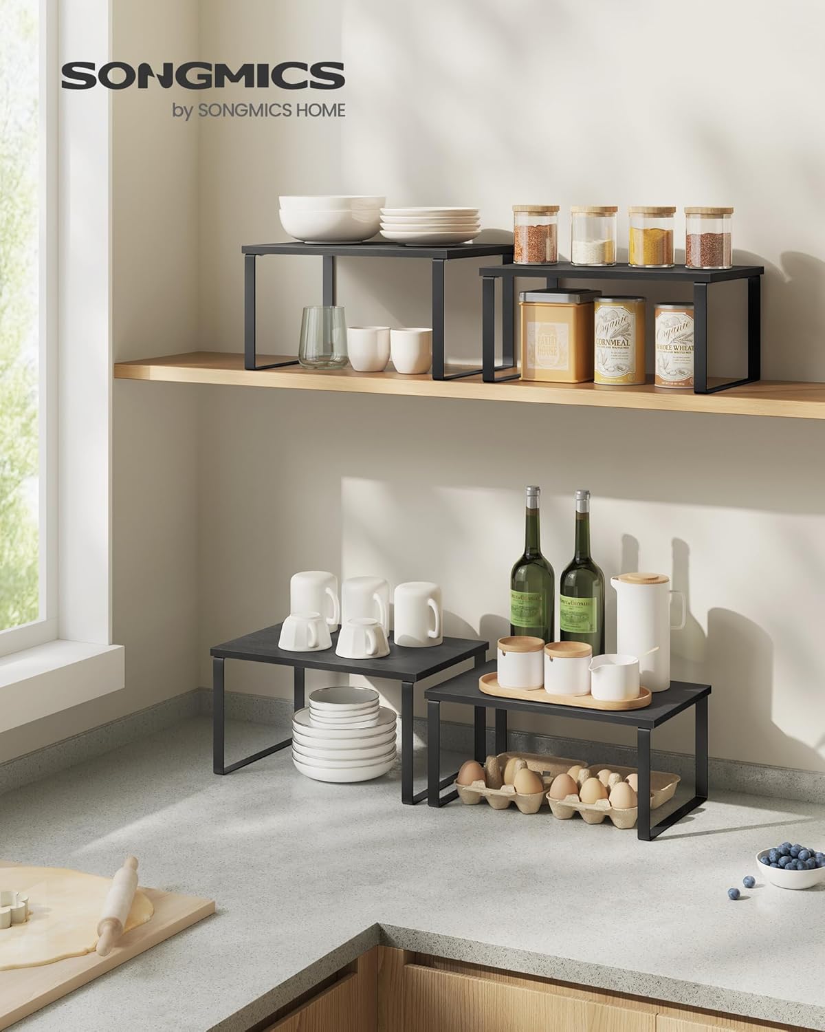 SONGMICS Kitchen Organizer Shelf Set - Stackable & Expandable Spice Rack | Metal & Engineered Wood, Ink Black & Ebony Black