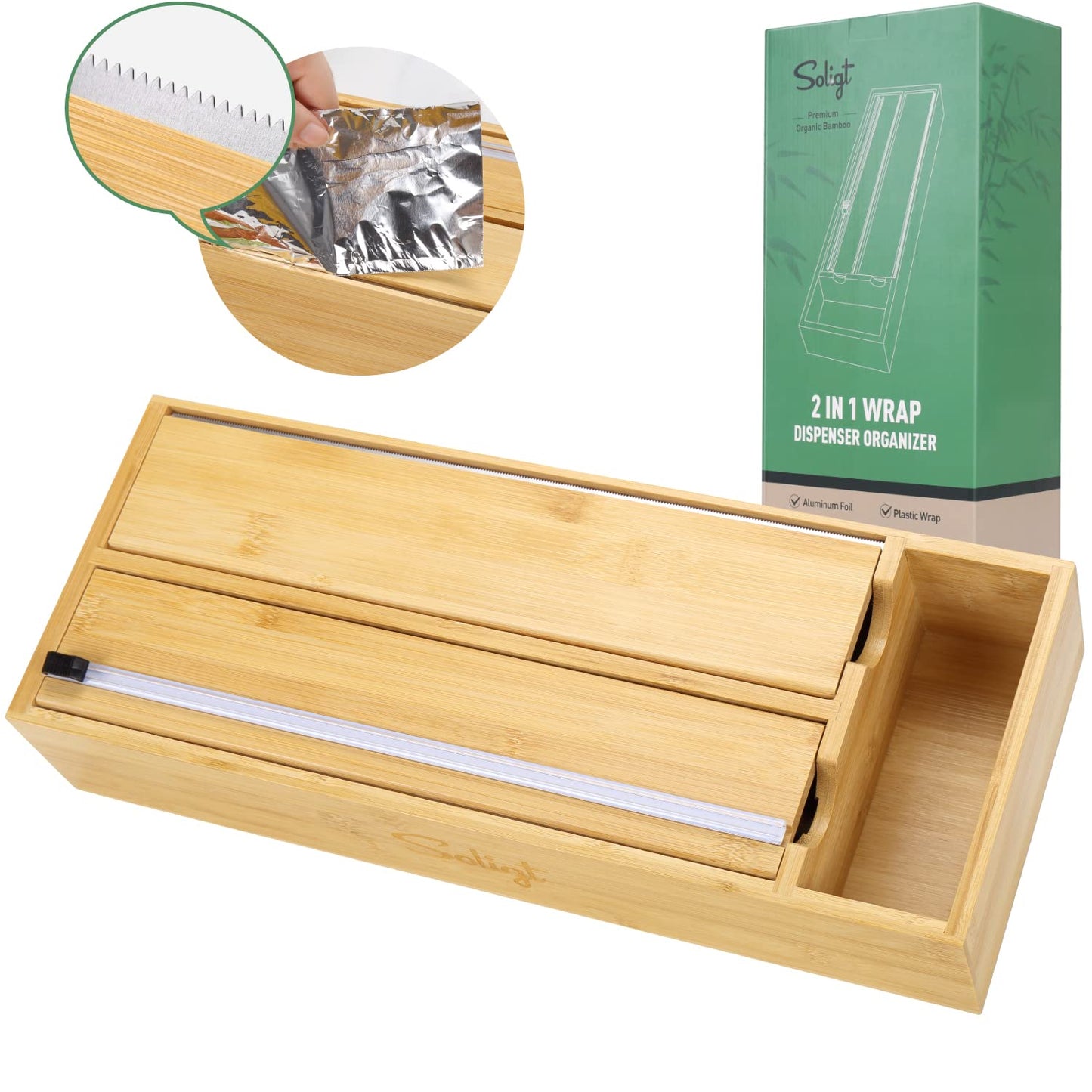 Soligt 2 in 1 Foil and Plastic Wrap Organizer | Aluminum Foil Dispenser with Serrated Edge | Plastic Wrap Dispenser with Cutter | Bamboo Kitchen Drawer Organizer Fit Parchment, Wax Paper