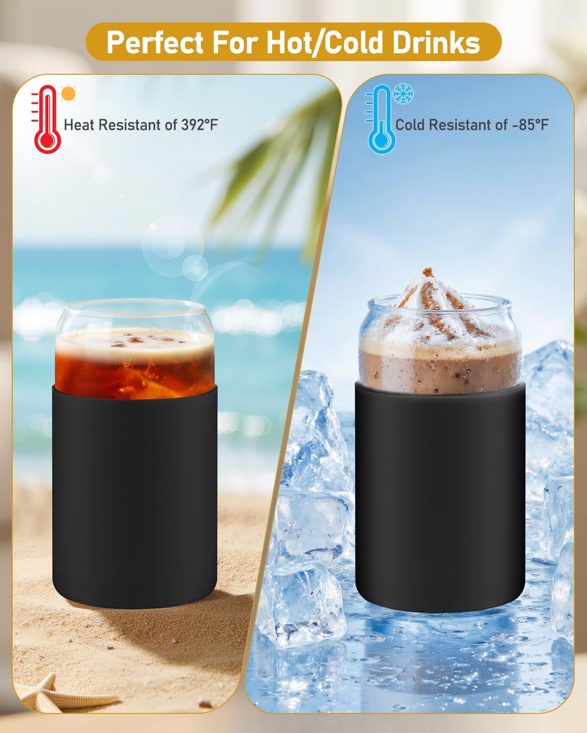 sungwoo Glass Cups with Lids and Straws, 4 Pack 16OZ Iced Coffee Cups with Silicone Sleeve, Glass Tumbler with Straw and Bamboo Lid, Home Essential Drinking Set for Juice, Cocktail and Latte Black