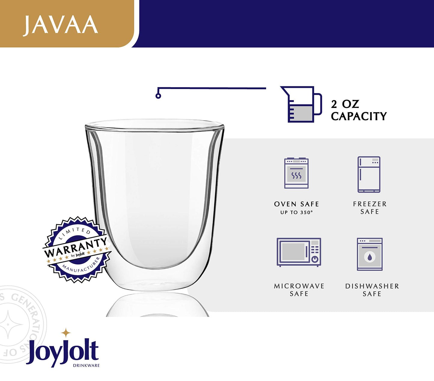 JoyJolt Javaah Double Walled Espresso Glasses Espresso Cups Set of 2 | 2-Ounces