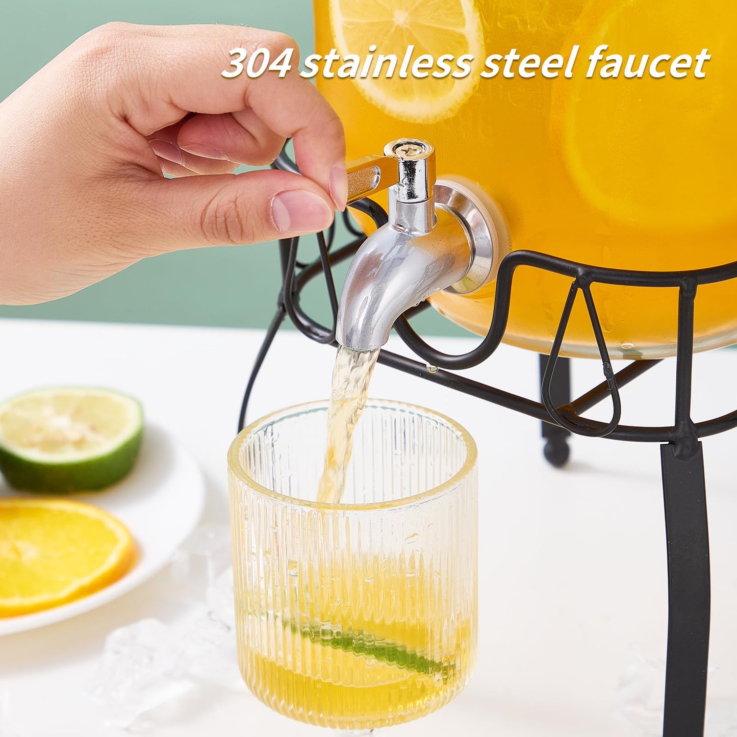 1 Gallon Glass Beverage Dispenser with Stand, Stainless Steel Spigot and Lid, Glass Drink Dispensers for Parties, Drink Dispensers with Lids for Lemonade Sun Tea Mason Jar