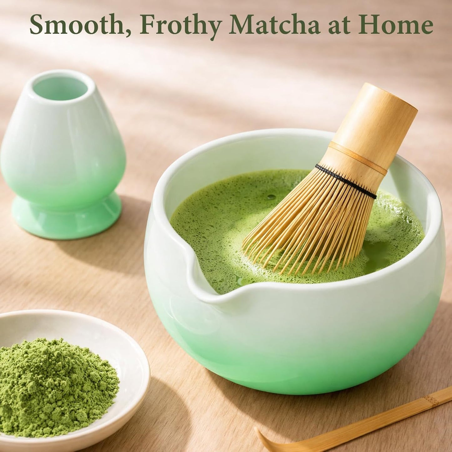Skiennix Matcha Whisk Set - Complete 6PCS Ceramic Kit with Bamboo Whisk, Bowl, and Sifter | Green