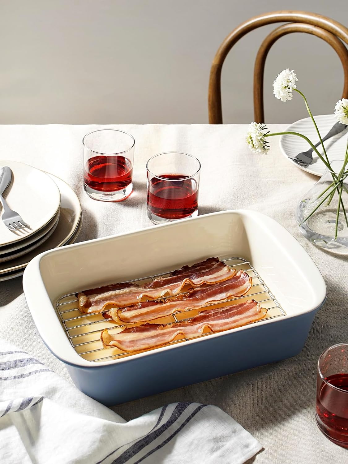 LE TAUCI Ceramic Baking Dish Set - Deep Casserole Dishes with Roasting Racks | Dusty Blue, 3-Piece Set (4.6QT/3.0QT/1.6QT)