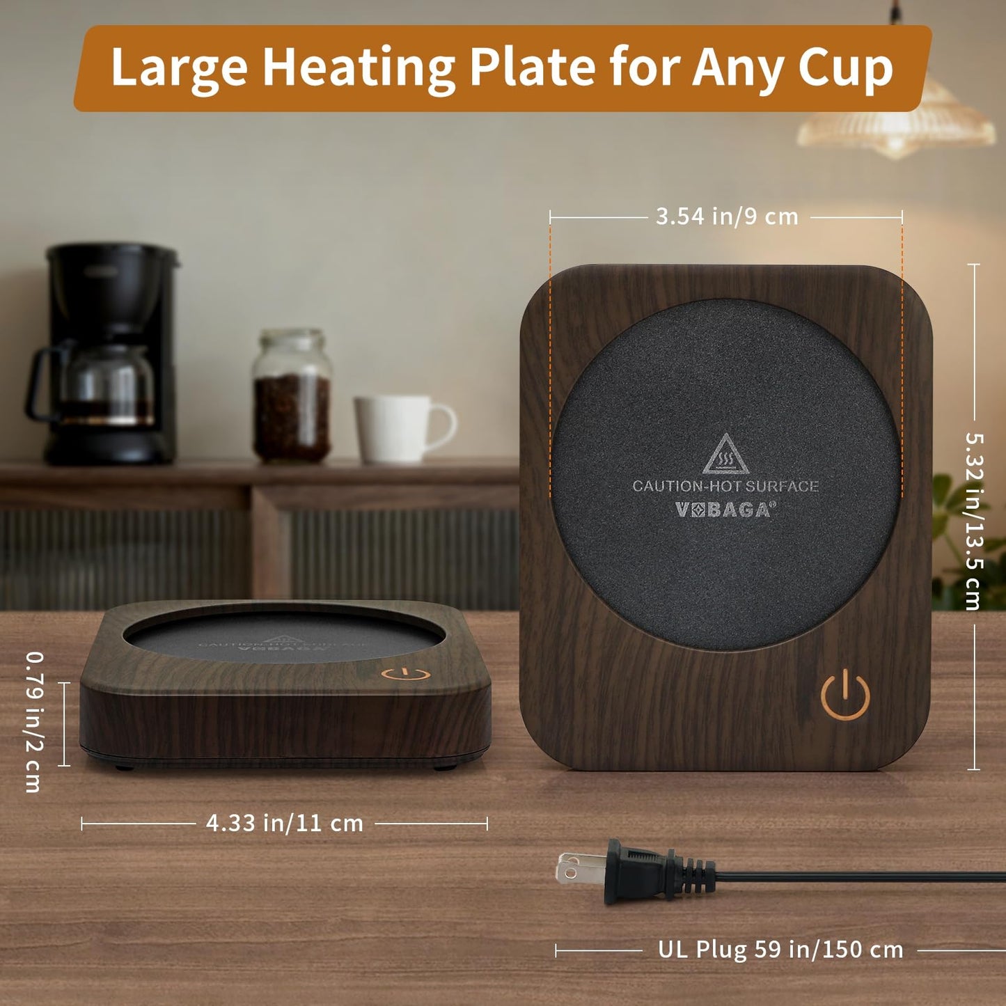 VOBAGA Coffee Mug Warmer for Desk with Auto Shut Off & 3-Temp Settings, Coffee Cup Warmer with Smart Safety Alert Home Office Accessory, Perfect for Coffee, Tea, Milk (Wood)