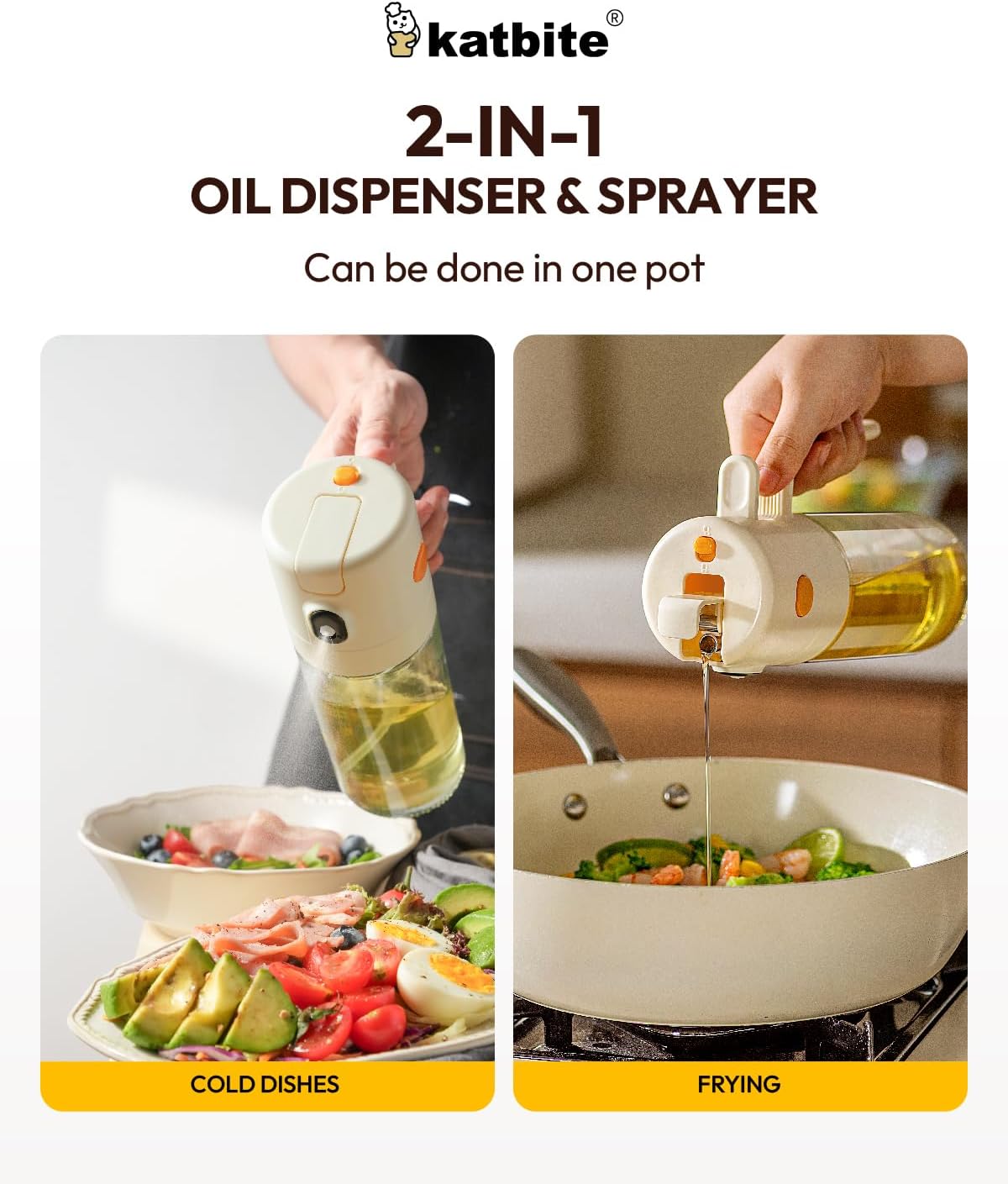 Katbite Olive Oil Dispenser Bottle - 2-in-1 Glass Oil Bottle & Sprayer | Non-Drip Leak-Proof Design, 18.6 oz, Cream White