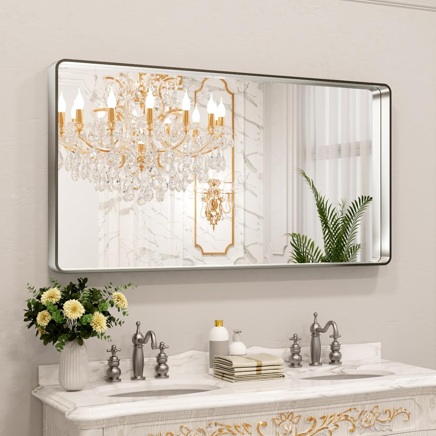 LOAAO Brushed Nickel Bathroom Mirror - 55X30 Inch Rounded Rectangle Design | Anti-Rust & Shatterproof