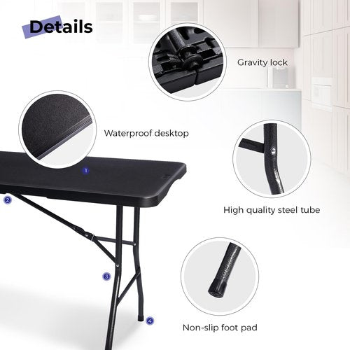 Byliable Folding Table 6ft Portable Heavy Duty Plastic Fold-in-Half 6 Foot Foldable Table Utility Dining Indoor Outdoor with Carrying Handle for Camping Picnic and Party, Black