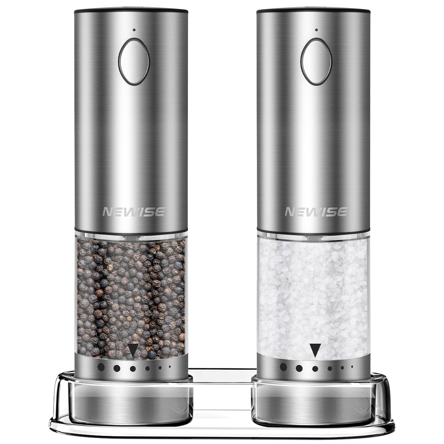 Newise Electric Salt and Pepper Grinder Set - Birthday Kitchen Gifts for Women, Mom, Rechargeable with LED Lights, Stainless Steel Automatic Mill, Adjustable Coarseness, Large Capacity, Silver