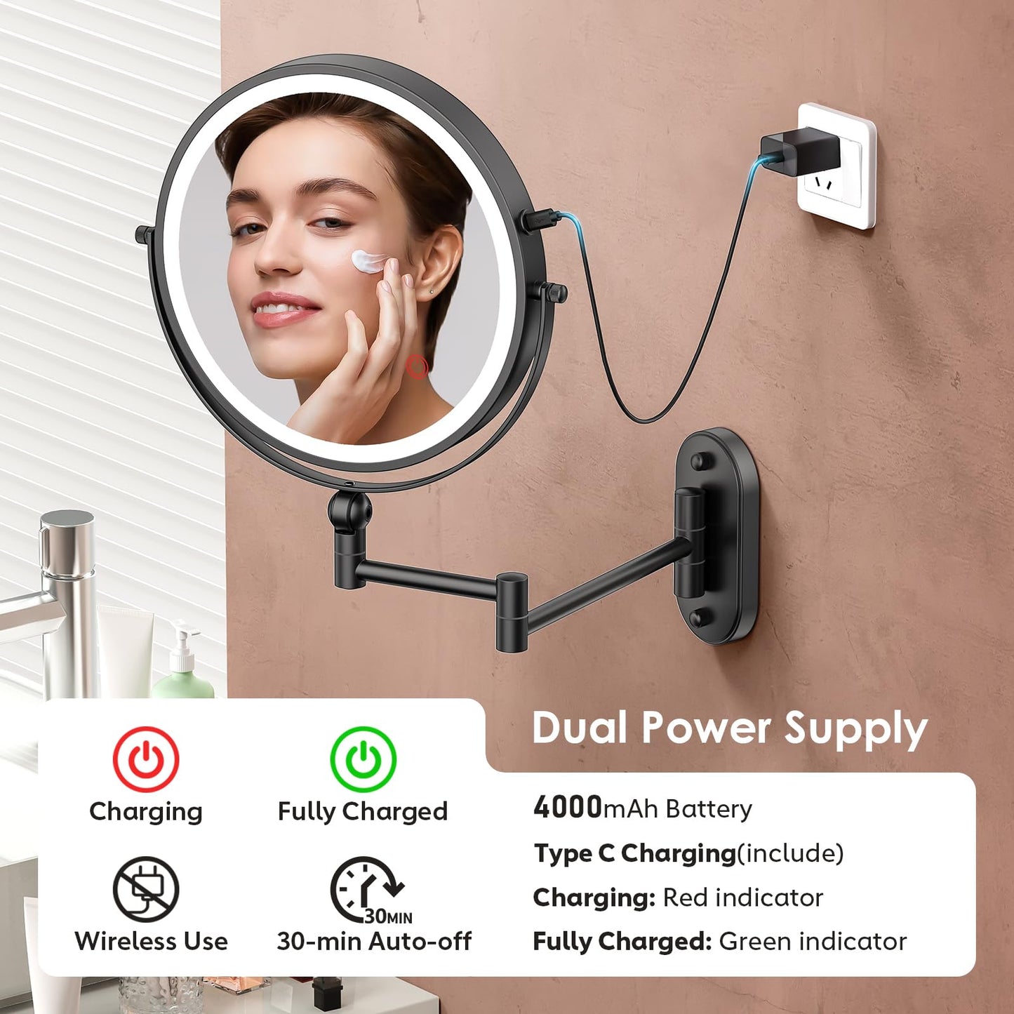 ZLOKLA 9" Wall Mounted Lighted Makeup Mirror,4000mAh Rechargeable Double Sided 1X/20X Magnifying Mirror with Light,Touch Dimmable,Extended Arm 360 Rotation Wall Mounted Makeup Mirror 3 Color Lights-B