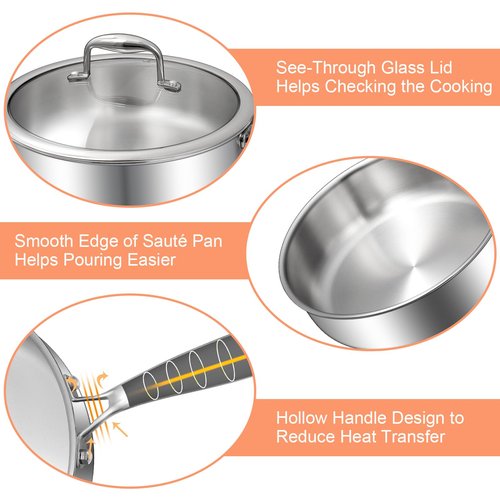 EWFEN 12 Inch Tri-Ply Stainless Steel Frying Pan, Compatible with All Cooktops Up to 600℉, Large Frying Pan with lids, Induction-Ready Skillet, Dishwasher and Oven Safe, Even Heat, 12" Saute Pan+Lid