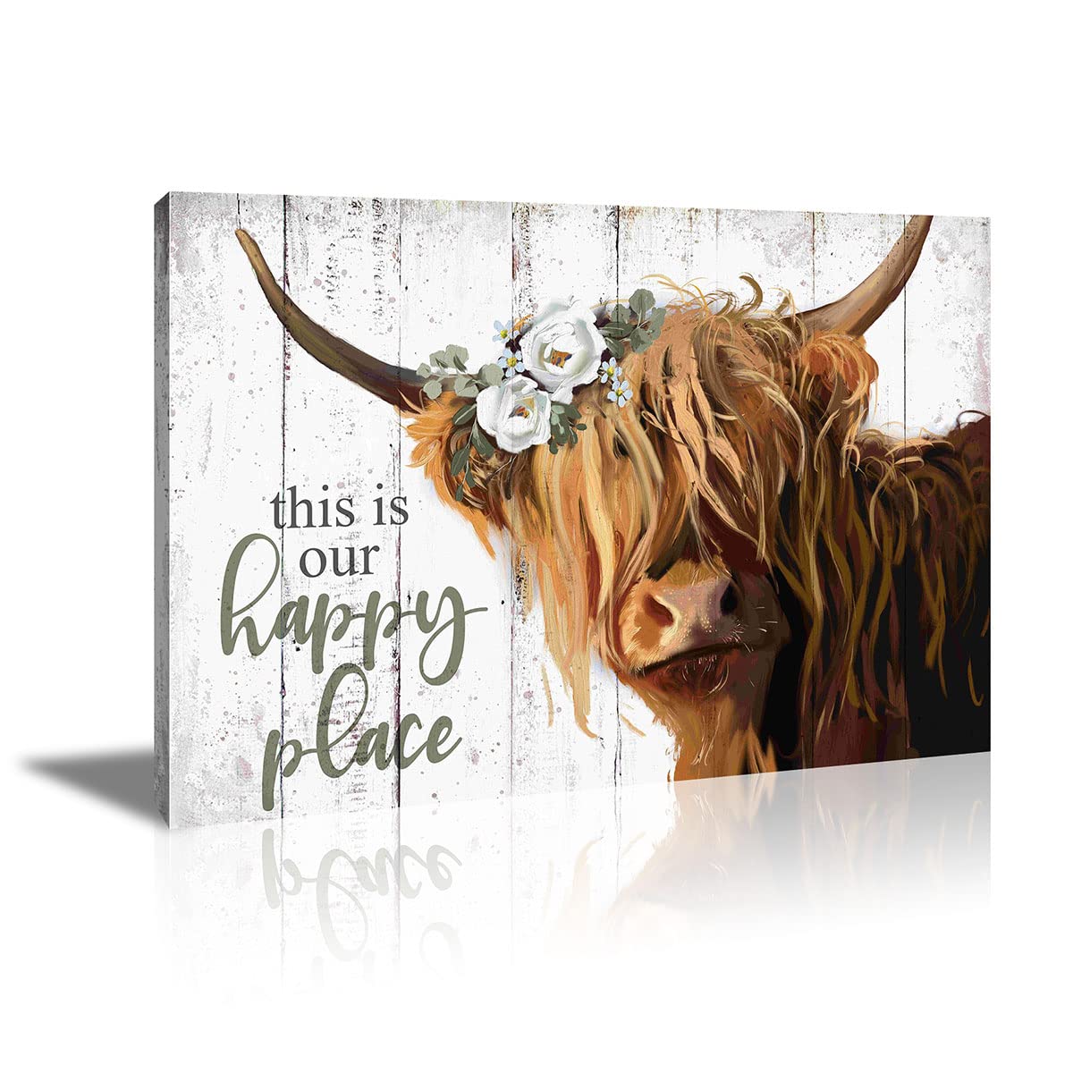 YPY Highland Cow Wall Art - This is Our Happy Place Inspirational Canvas Poster for Home - Long Haired Scottish Cow with White Flower Picture Farmhouse Kitchen Decor Framed (24"x36")