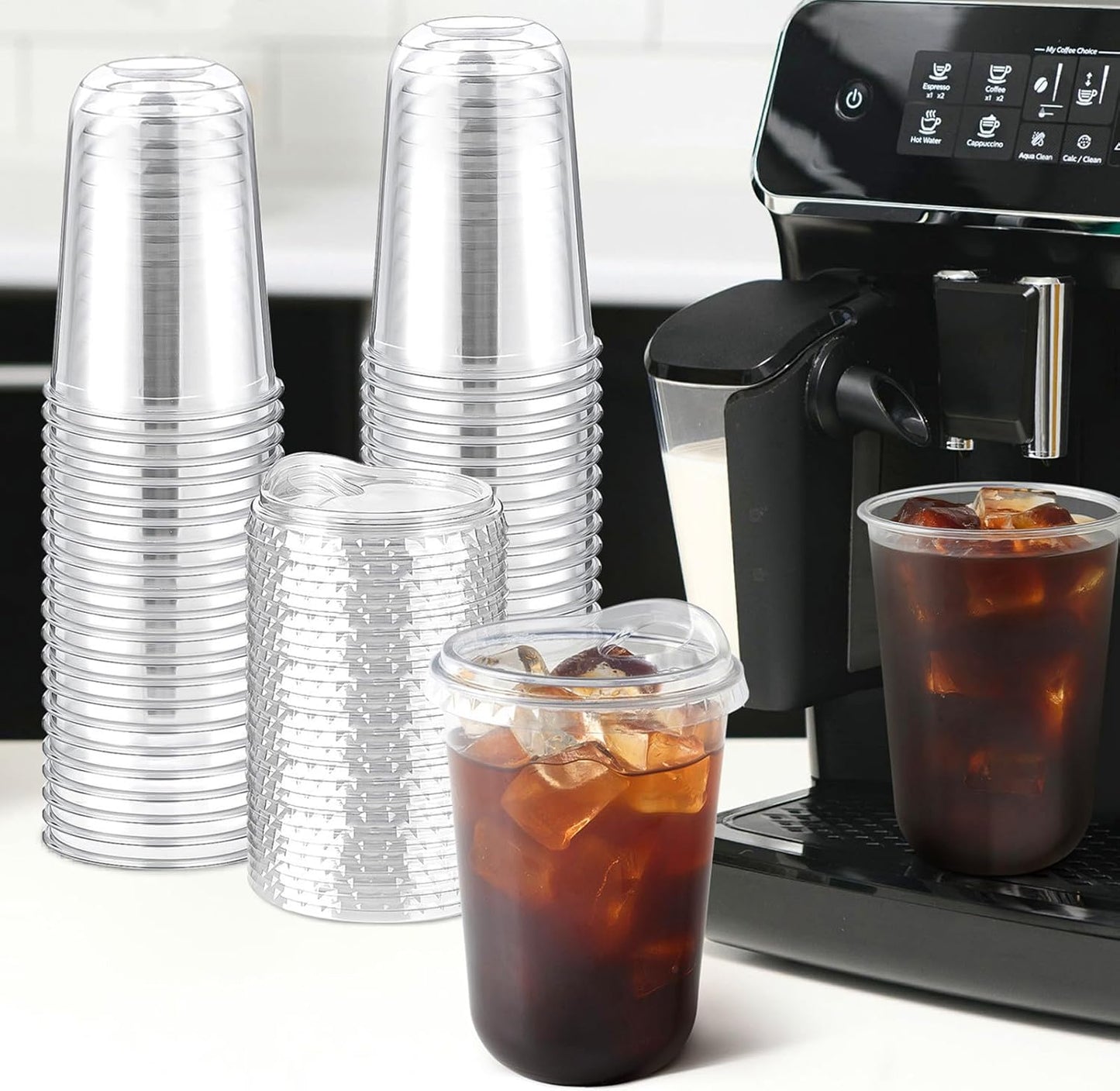 Skiennix 16 Oz Clear Plastic Cups - Disposable Iced Coffee Cups with Sip Lids | 50 Sets for Smoothies & Juices