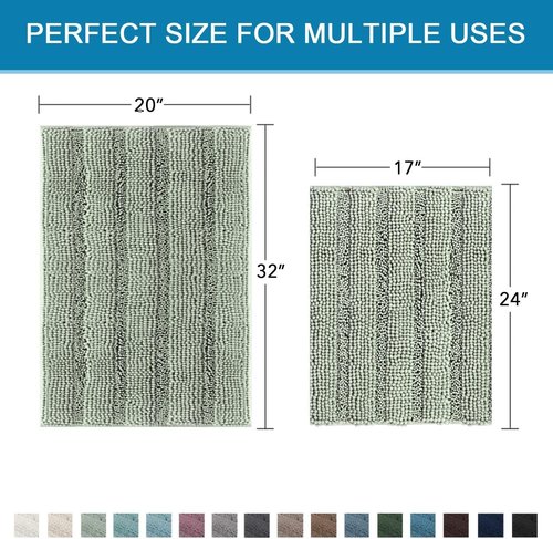 H.VERSAILTEX Bathroom Rugs Set - Extra Thick Chenille Shaggy Mats with Non-Skid Backing | Sage Color (32"x20" & 24"x17")