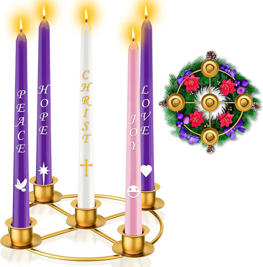 Advent Wreath | 5-Candle Holder with Decorative Rings for Tapered Candles - Gold Finish