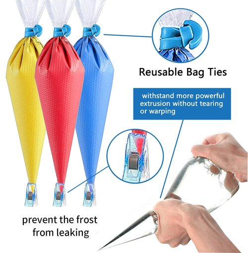 122Pieces Tipless Piping Bags - 100pcs Disposable Piping Pastry Bag for Royal Icing/Cookies Decorating - 10 Pastry Bag Ties,10 Clips &2 Scriber Needle - Best Cookie/Cake Decorating Tools (10 Inch)