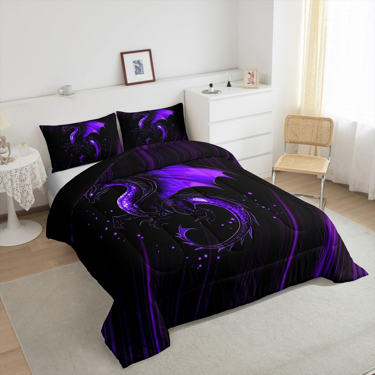 Feelyou Kids Purple Black Ombre Comforter Set Queen Size, Dragon Bedding Set Chinese Dragon Comforter for Kids Boys Girls Animal Duvet Insert Room Decor Bed Set 3Pcs