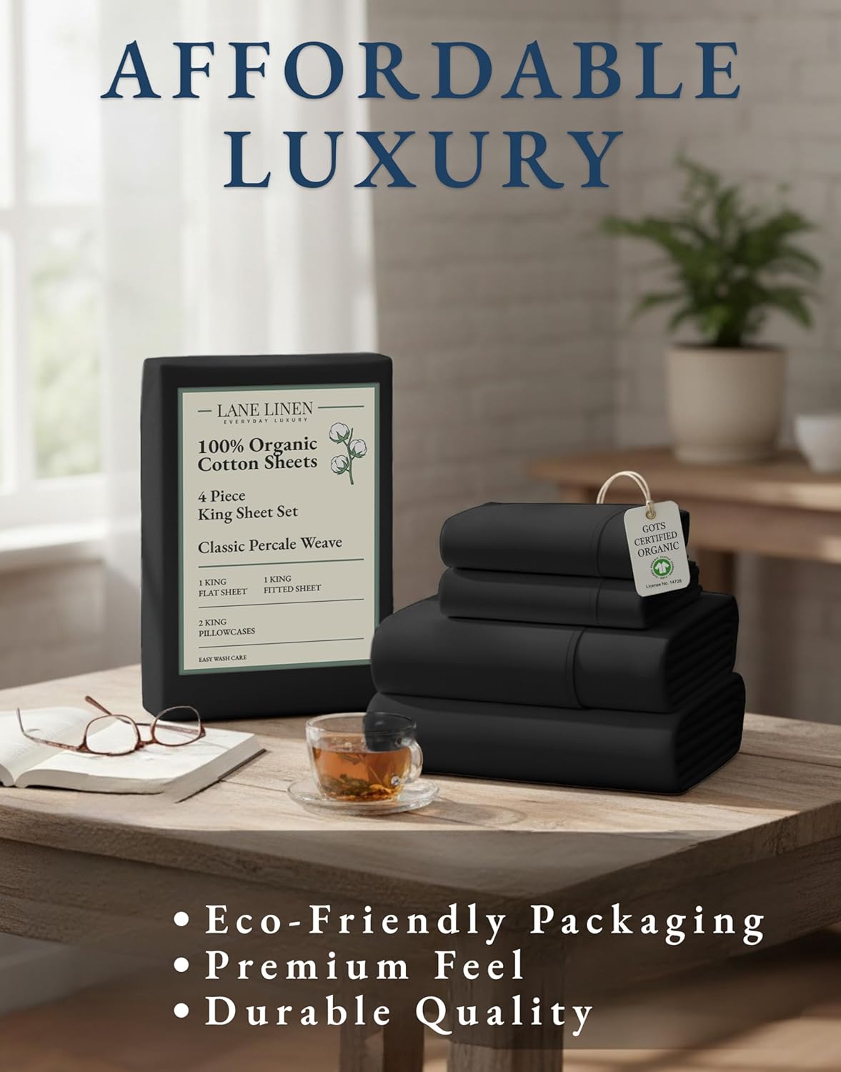 LANE LINEN King Size Organic Cotton Bed Sheets - Soft, Comfy Percale Bedding Set | Black Color