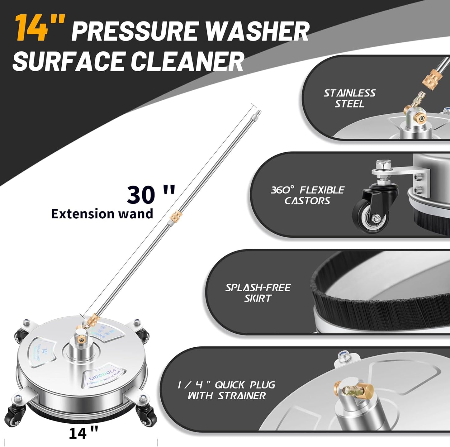Skiennix 14" Pressure Washer Surface Cleaner - Stainless Steel Attachment for Concrete, Patio & Driveways