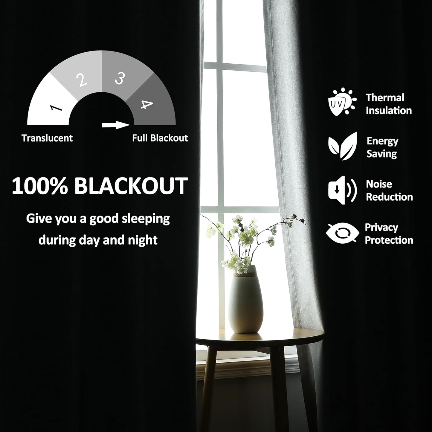THOOO 100% Blackout Curtains - Natural Linen Textured Grommet Panels | 63 Inch Length, Dark Grey for Bedroom & Nursery