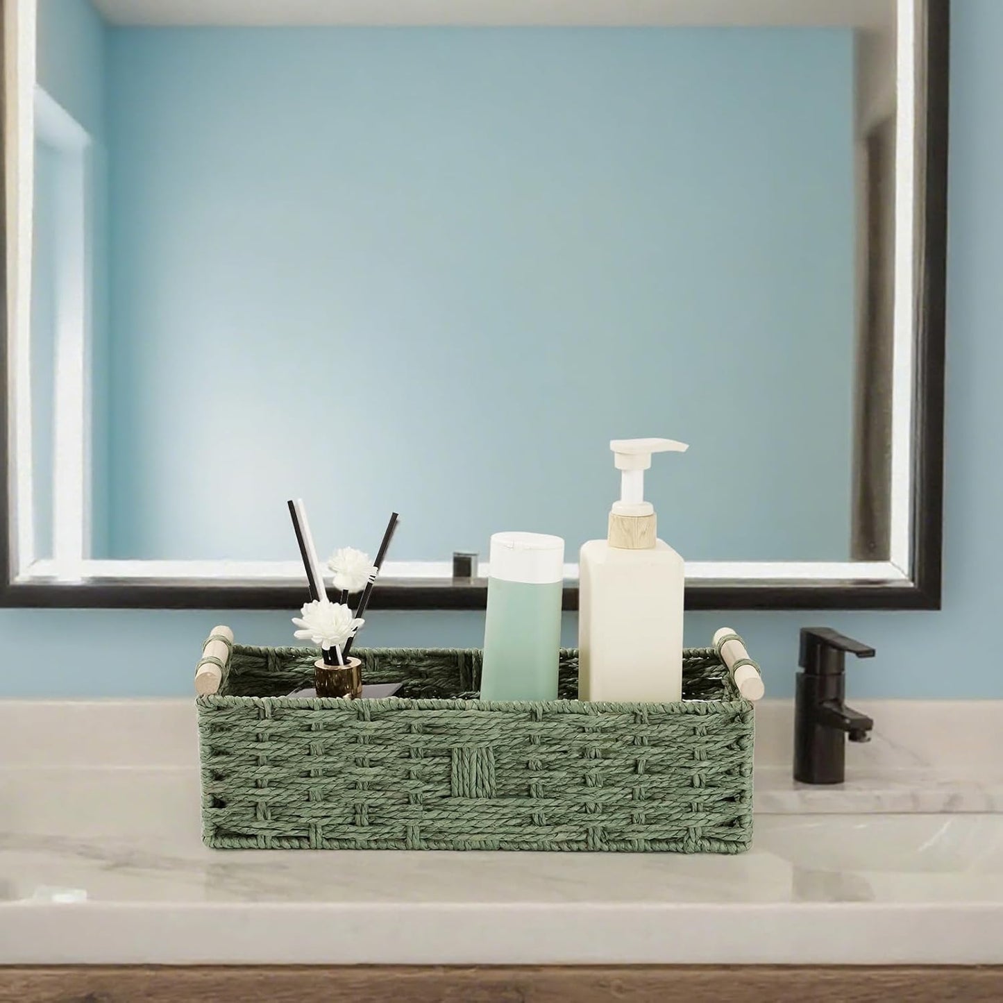 Regine Switzerland Toilet Paper Storage Basket - Decorative Wicker Design with Wooden Handles | Green Paper Rope for Bathroom Decor