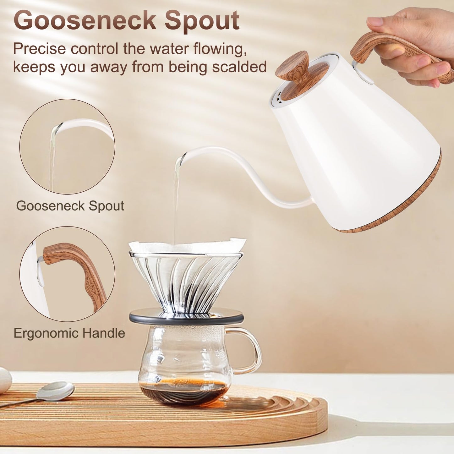 YDDZZM Gooseneck Electric Kettle, Intelligent Temperature Control, Stainless Steel Inner, Quick Heating, for Pour Over Coffee, Brew Tea, Boil Hot Water, 1000W 0.9L Cream White