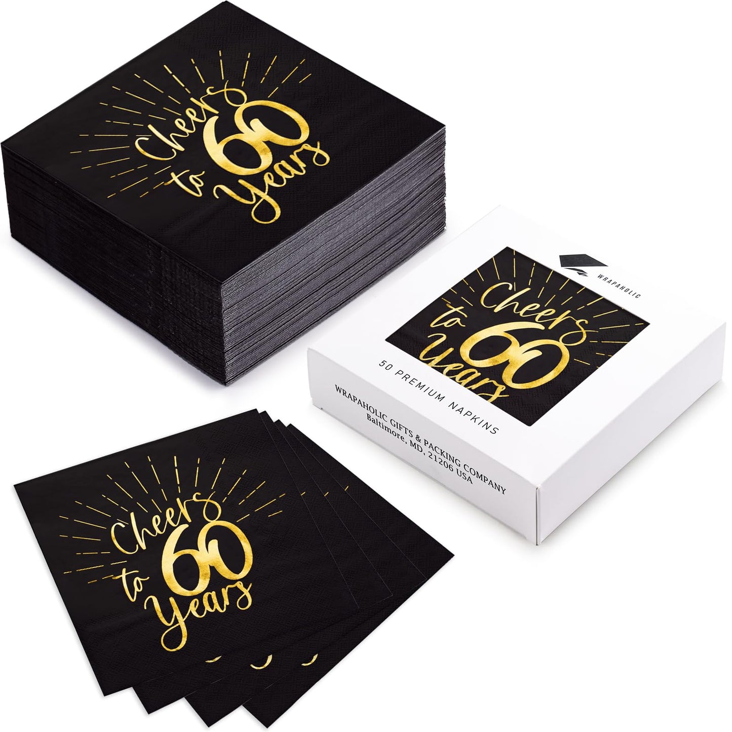 WRAPAHOLIC 50Pcs 60th Birthday Napkins - 3-Ply Disposable Paper Cocktail Napkin, Black and Gold Foil Cheers to 60 Years - 5 x 5 In