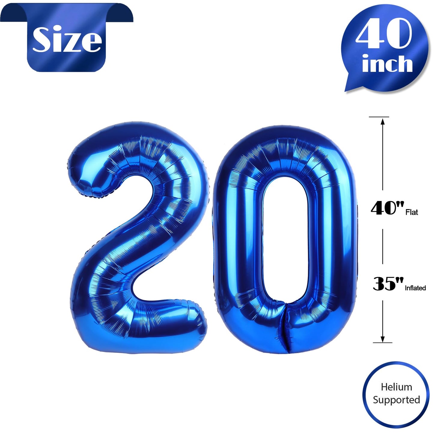 Navy Blue Number 20 Balloon 40 inch, 20 Number Balloons, 20th Navy Blue Birthday Decorations, 20 Year Old Girls Boys Blue Party Supplies